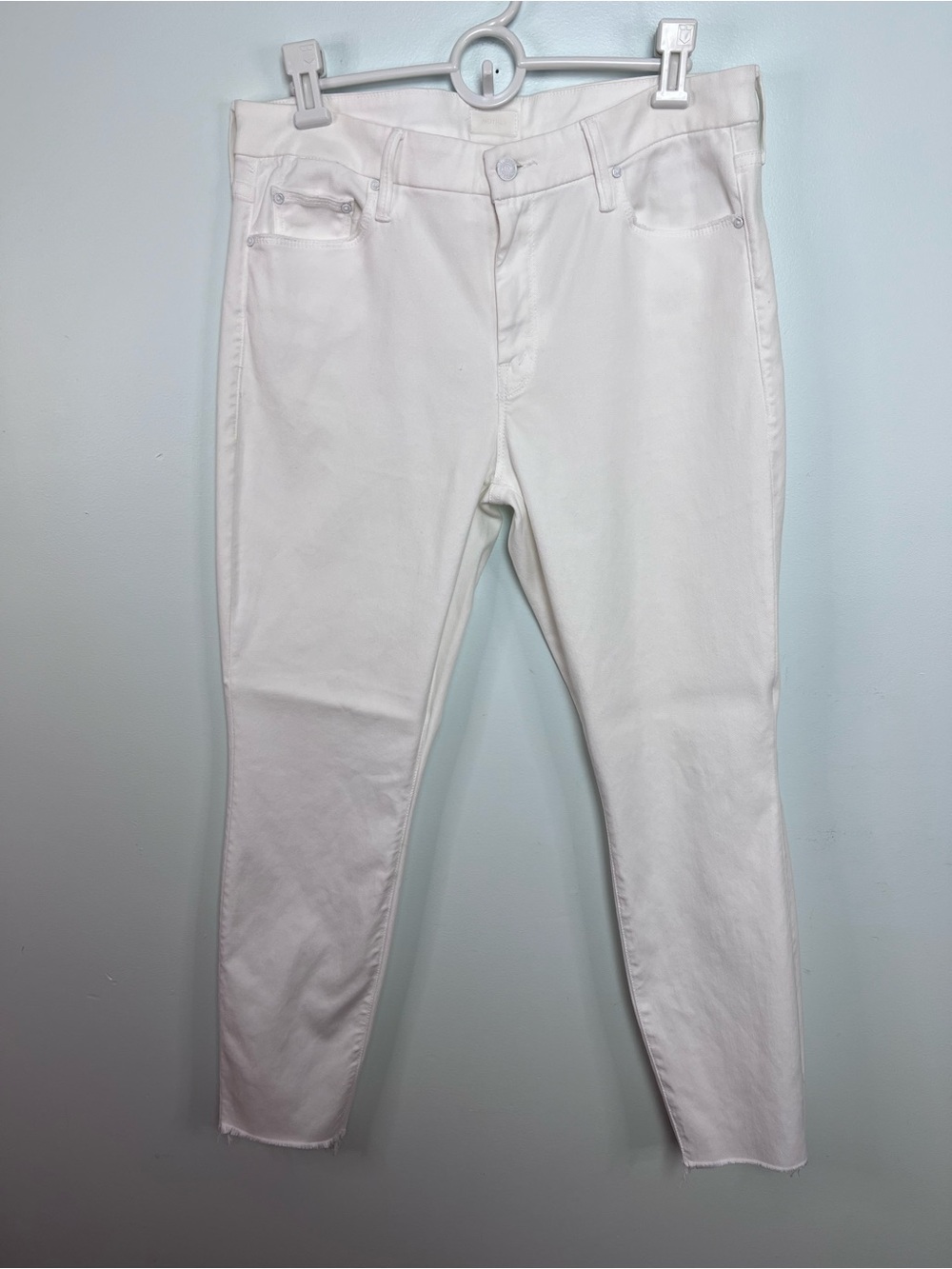 MOTHER The Looker Ankle Fray Jeans 31 Glass Slipper White Skinny Raw Hem